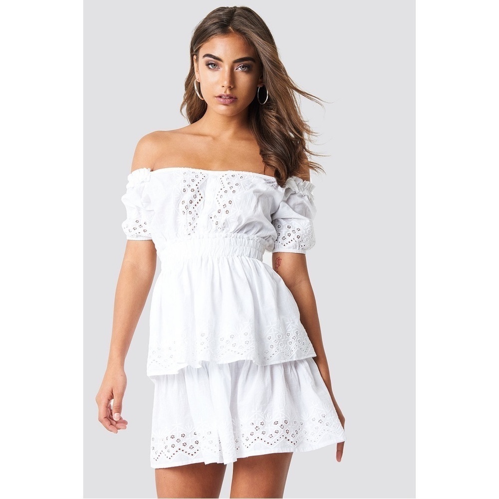 Iva Nikolina X Na-kd White Cotton Off Shoulder V Neck Crochet Frill Dress 34/4